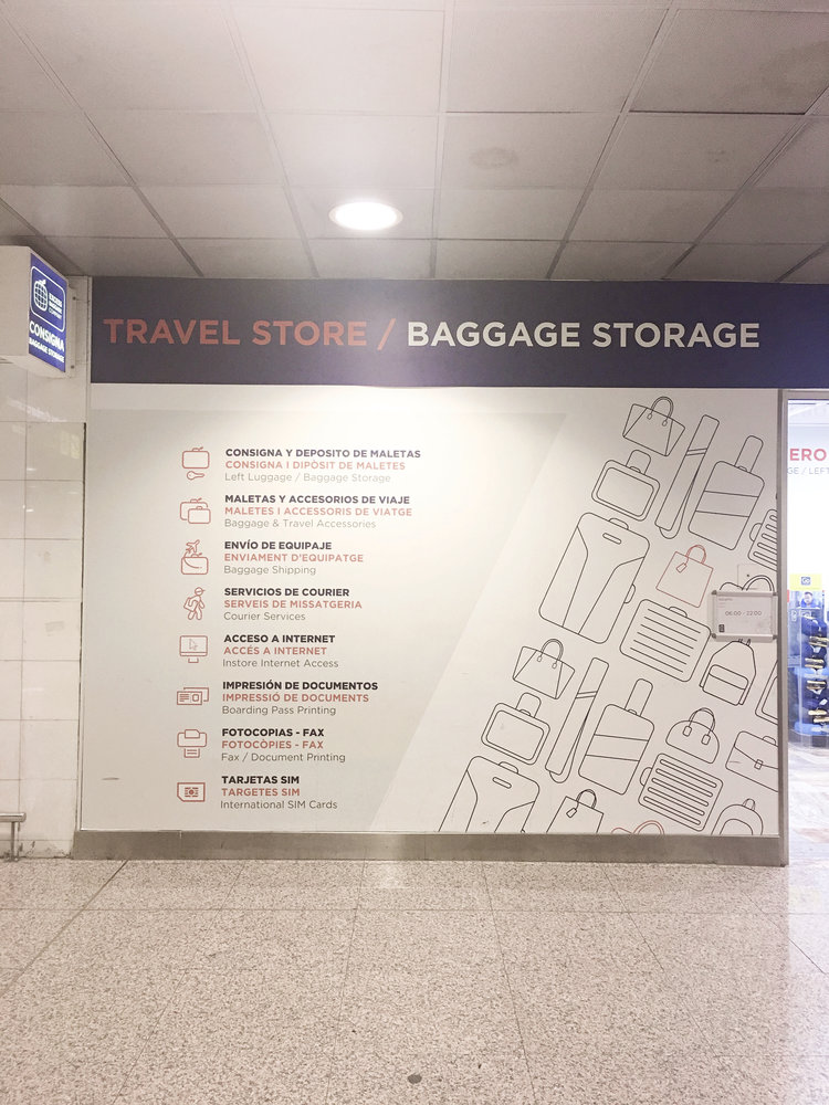 Outside of baggage storage store at Prat International Airport in Barcelona Spain