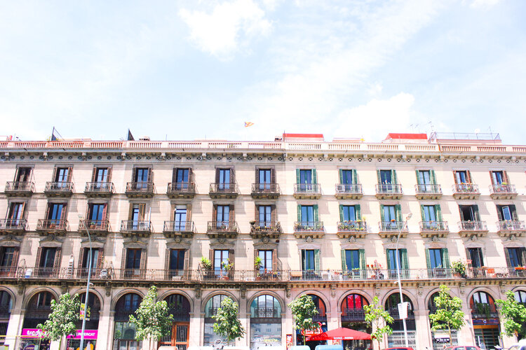 Building with facades in the Port Vell neighborhood of Barcelona Spain