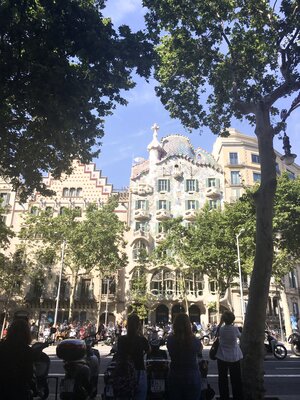 Gaudi Casa Batlló from the street with tourists looking up at it