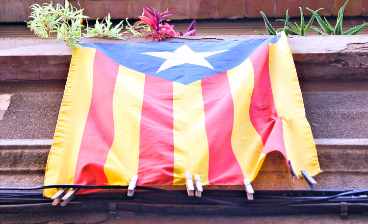 Catalan Flag draped on an apartment balcony with house plants above it