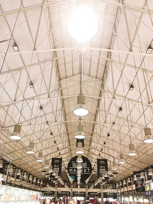 Ceiling Lights with Time Out Market sign at Time Out Market Lisbon in Lisbon Portugal