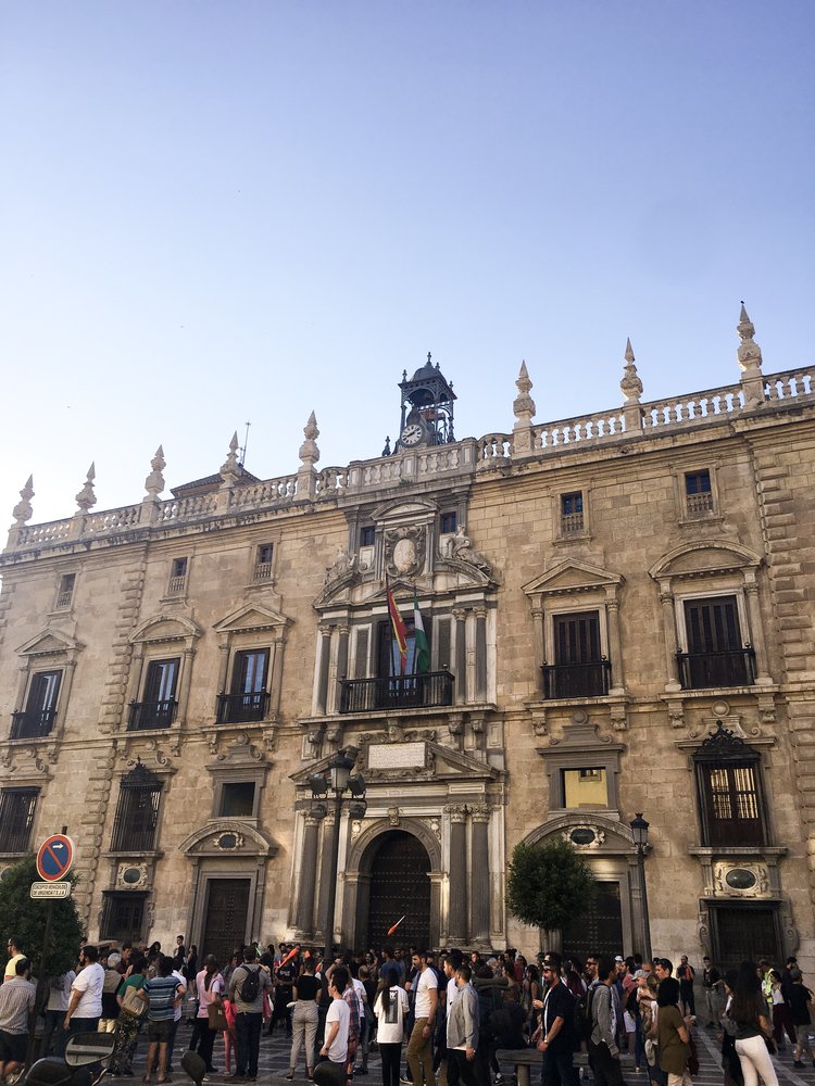 Crowd in front of courthouse in Plaza Nueva in Granada Spain