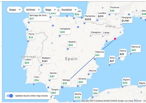 Google Flights screenshot of Spain with the prices for different cities when searching for cheap flights