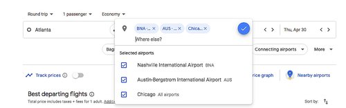 Google Flights screenshot of search with multiple airports for finding cheap flights