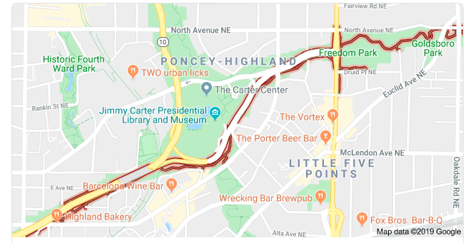 Google Map of Atlanta and the Freedom Park Trail in Black Atlanta