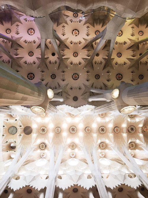 Interior ceiling of Sagrada Familia in Barcelona Spain