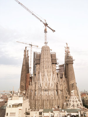 La Sagrada Familia over the top of other buildings in Barcelona Spain on a sunny day