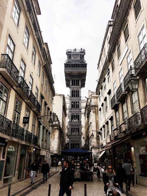 Santa Justa Elevator on a cloudy day in Lisbon Portugal