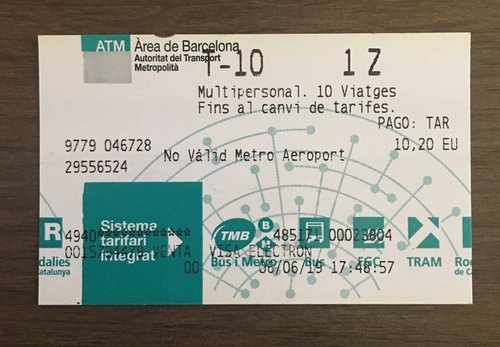 T-10 Barcelona metro card with catalan writing on the front