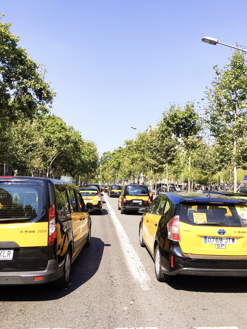 Taxi cabs lined up on the street during strike in Barcelona Spain