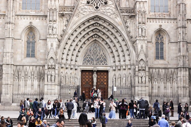 Tourists outside of Gothic church in Barcelona Spain