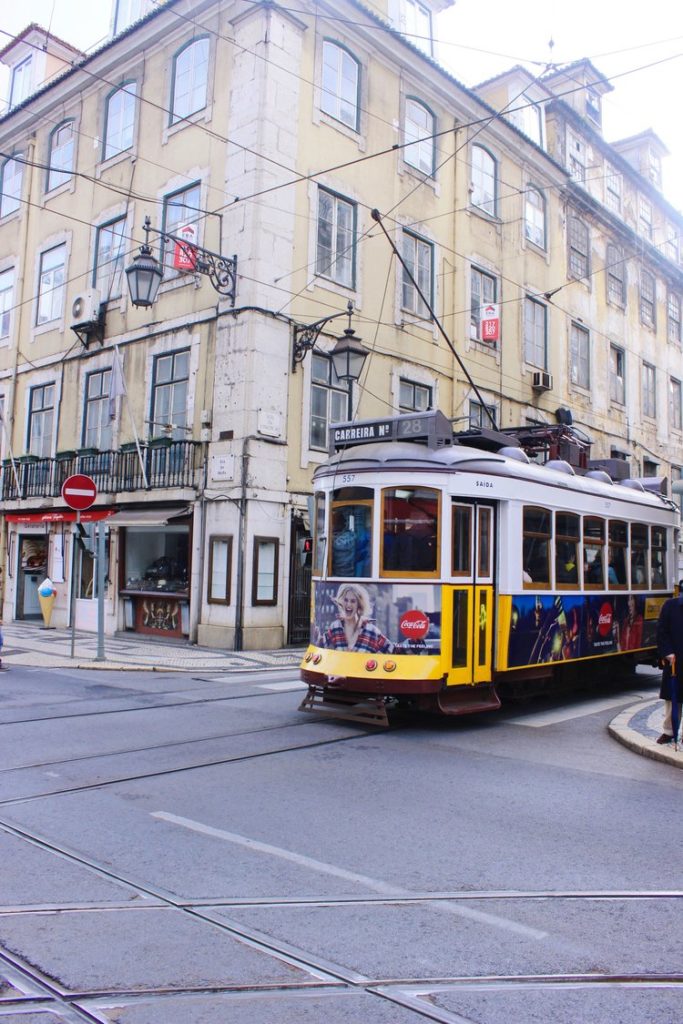 Yellow Tram 28 in the streets of Lisbon Portugal