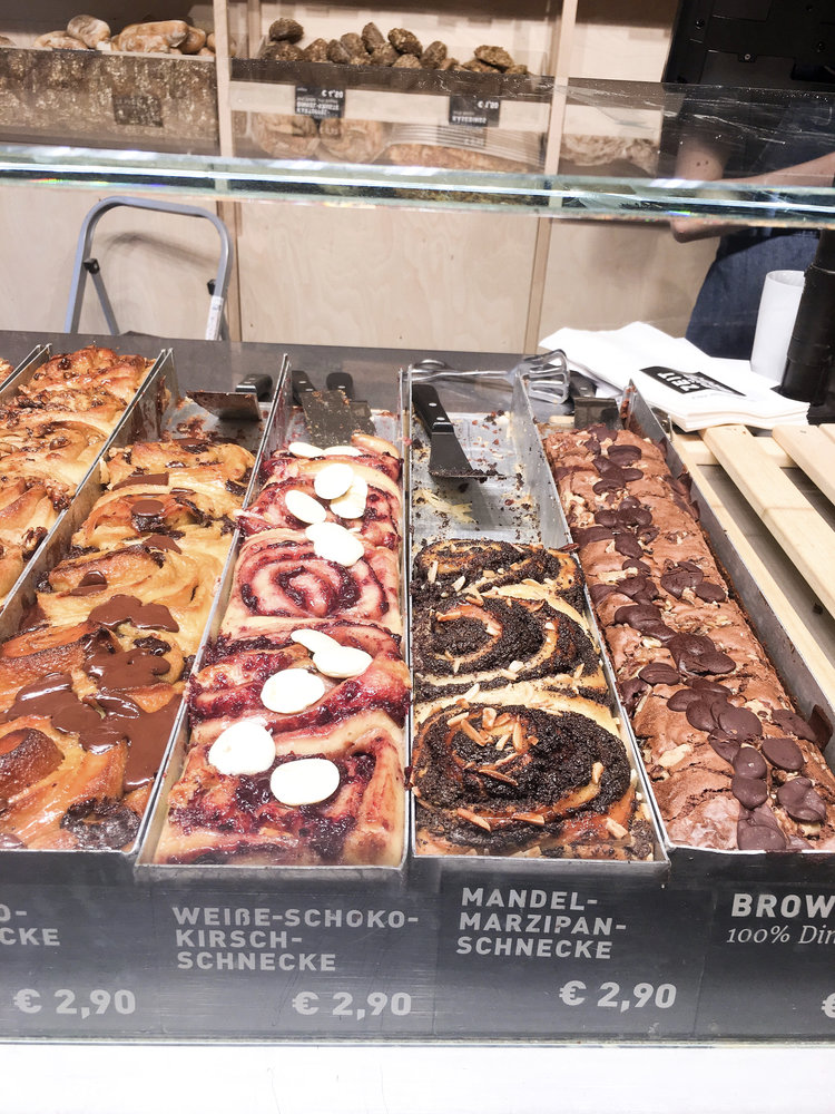 Trays of yummy, different cinnamon rolls at Zeit Fur Brot in Berlin in Europe