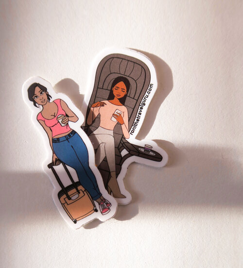 Two black-owned Etsy Shop stickers of black women traveling on a white