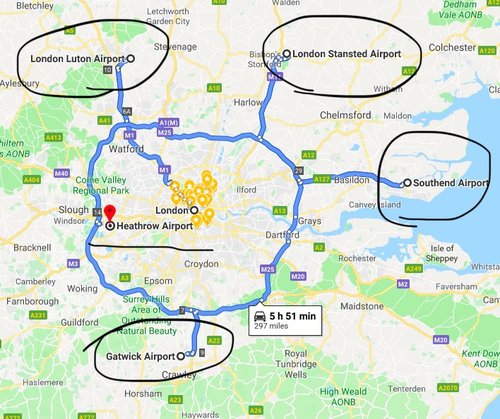 London on Google Maps with all airports circled in black and Heathrow Airport underlined in black