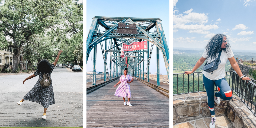 A collage of three photos of Kimberli enjoying different solo travel experiences. On the left, she is walking down a tree-lined street in Savannah Georgia with a backpack, wearing a navy blue and white floral maxi dress. In the middle, she stands on a historic bridge in Chattanooga, wearing a purple dress and white sneakers. On the right, she is standing on a scenic lookout with a mountain view, dressed in athletic gear, and taking in the landscape with a confident smile.