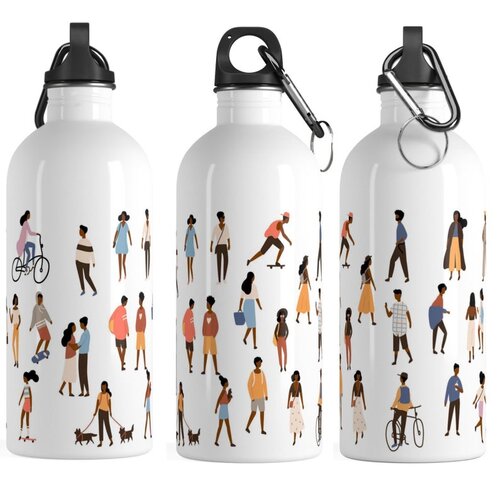 Three white water bottles from black-owned Esty Shop The Trini Gee with black people living life on it