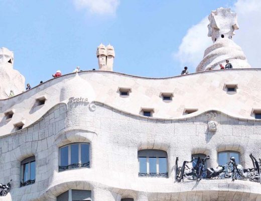 Gaudi la pedrera in Barcelona with tourists on the roof on a sunny day